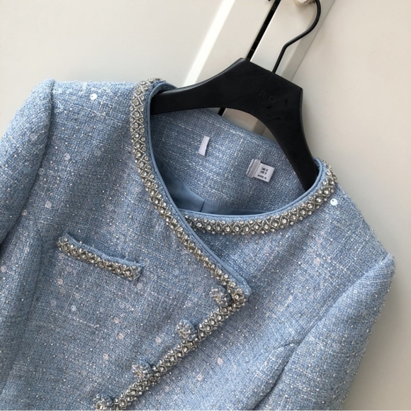 Self-Portrait BLUE SEQUIN BOUCLE CROPPED JACKET - Picture 2 of 8